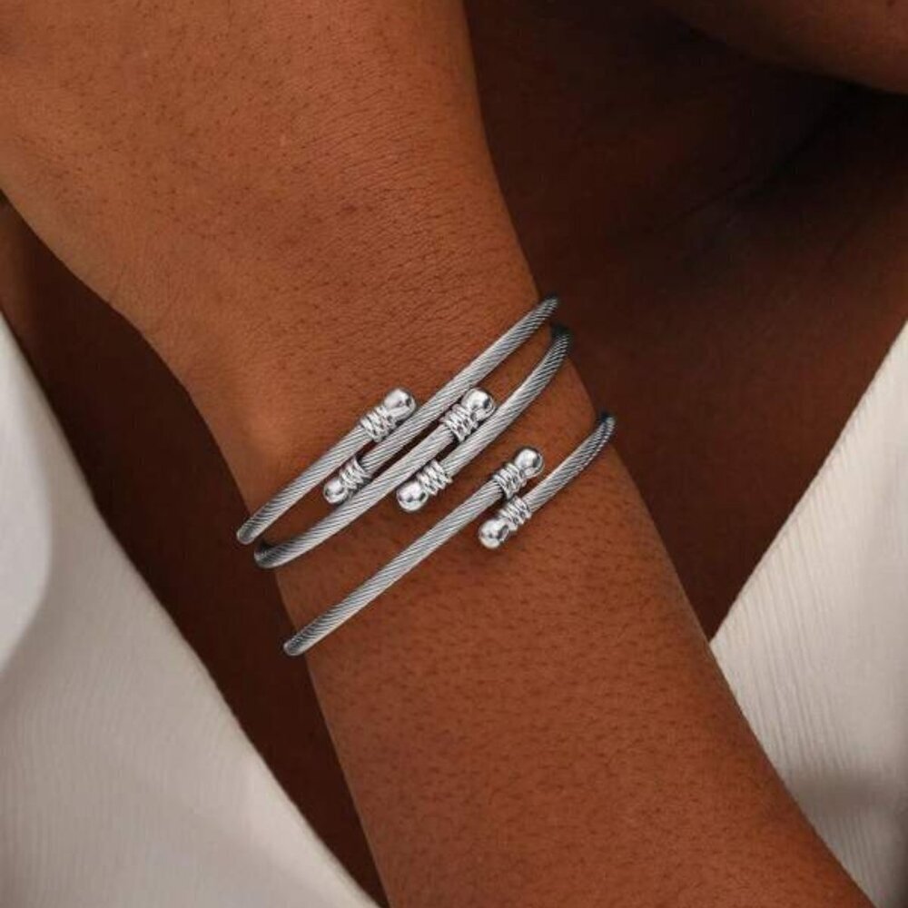 Stainless Steel Cable Wire Cuff Bracelets (Set of 3)